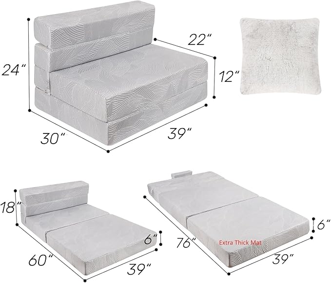 Tri Folding Sofa Mattress, High-Density Memory Foam Sofa Bed with a Fluffy Pillow, Futon Floor Couch Guest Bed, Twin Size, Grey - Bloomnest