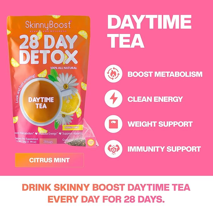 Skinny Boost Detox Tea Kit- 2 PACK –1 Daytime (28 Bags) + 1 Evening -(14 Bags) – Herbal Detox for Weight, Metabolism, Energy, Bloating & Colon Cleanse – Green Tea, Vegan, Keto, Non-GMO, Sugar-Free - Bloomnest