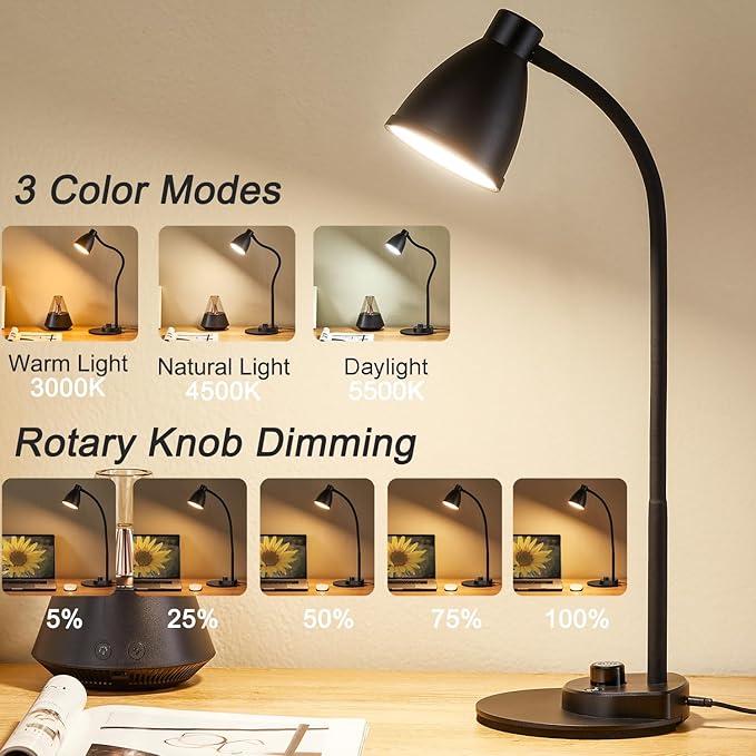 BOHON LED Desk Lamp with USB Charging Port 3 Color Modes Dimmable Reading Light Intelligent Induction Auto Dimming Task Lamp Flexible Gooseneck Table Lamp for Bedside Office, AC Adapter Include - Bloomnest