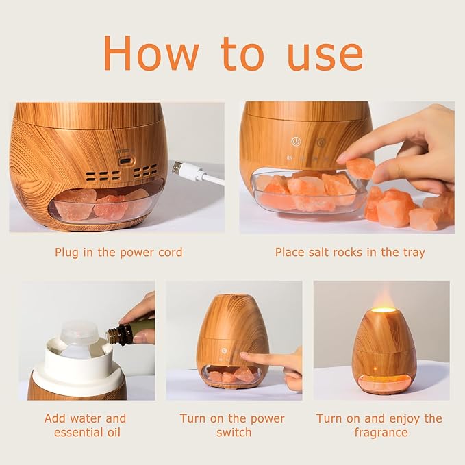 Ultrasonic Essential Oil Diffuser with Himalayan Salt Rock,Flame Diffuser with 2 Color Light,Small Aromatherapy Oil Diffuser with Auto Off Function for Home, Office,Spa,100ML,Wooden Grain - Bloomnest