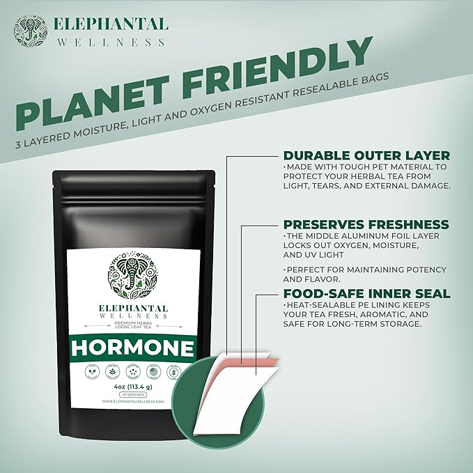 Elephantal Wellness Premium Hormone Herbal Tea | PCOS, Hormonal Balance & Mood Support with Chaste Berry, Shatavari, Dong Quai & Black Cohosh | Handmade, Non-GMO, Caffeine-Free Loose Leaf Blend – 4oz Loose Leaf, 40 Servings - Bloomnest
