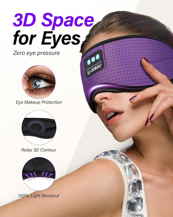 LC-dolida Sleep Headphones, White Noise Bluetooth Sleep Mask 3D Breathable Wireless Eye Mask for Timing, Sleep Mask with Bluetooth Headphones for Side Sleepers Travel Yoga, Cool Gadgets for Women Men - Bloomnest