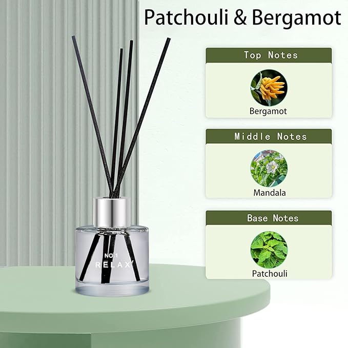 3 Pack Fragrance Reed Diffuser, 50ML Patchouli Jasmine Lemongrass Aromatherapy Diffuser Set with 12 Black Fiber Sticks,Air Freshener for Bedroom Bathroom Office - Bloomnest