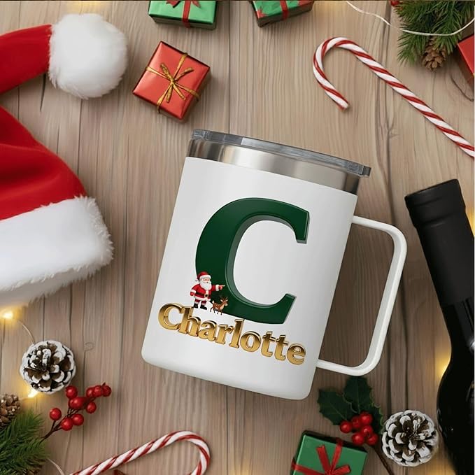 Personalized Christmas Insulated Coffee Mug with Handle – Custom Dark Green Initial Letter [C] Double Wall Stainless Steel Travel Tumbler for Drinks – Unique Holiday Gift for Men, Women, & Kids(B118) - Bloomnest