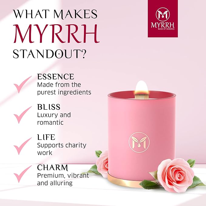MyrrhUSA Rose Scented Candle – 15 oz Natural Soy Wax with Crackling Wooden Wick & Essential Oils | 80 Hour Burn | Luxury Aromatherapy Candle for Relaxation, Home Décor, Living Room & Bathroom - Bloomnest