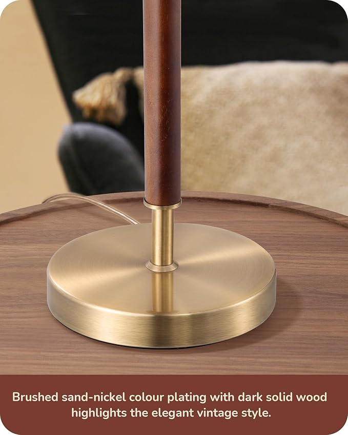 EDISHINE Mid Century Table Lamp, Bedside Lamp with Pull Chain Switch, Solid Wood & Metal Pole, Modern Nightstand Table Lamp for Living Room, Bedroom, Office, Frosted Bronze & Wood Finish - Bloomnest