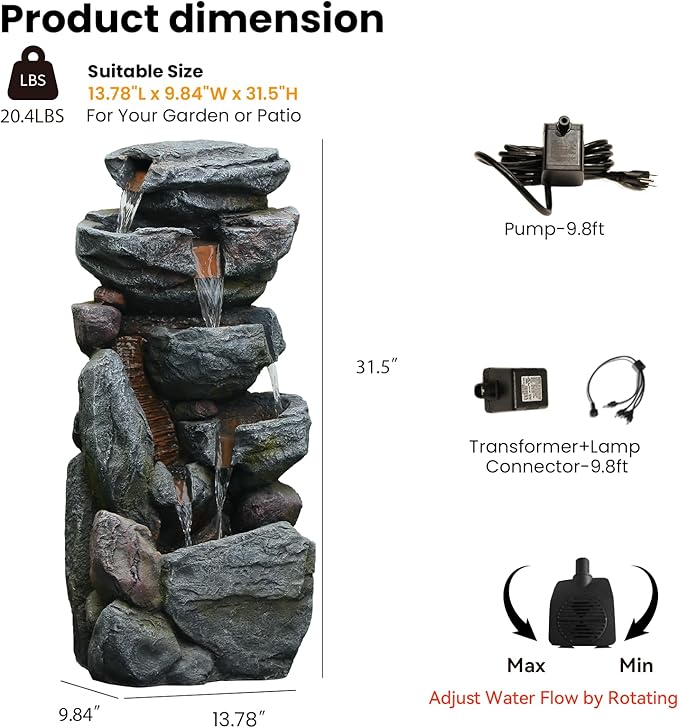 The 5-Tiered Rock Water Fountain Outdoor&Indoor, 31.5’’H Floor-Standing Garden Fountains, Stone Feature and Waterfall with Lights for Patio, Backyard, Deck, Porch, Home DéCor, Gray - Bloomnest