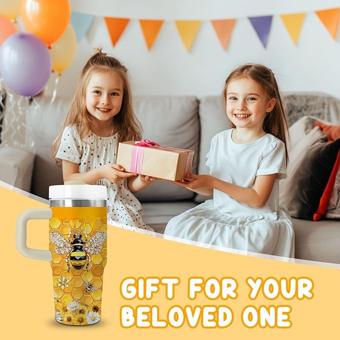 14oz Bee Tumbler with Handle, Stainless Steel Insulated Cup with Lid and Straw Personalized 14 OZ Bee Tumblers Gifts for Women Men - Bloomnest