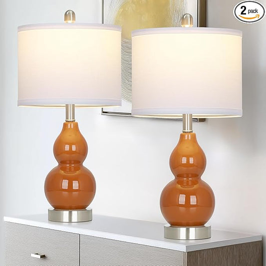 22" Modern Double Gourd Ceramic Table Lamps Set of 2, Red Bedside Lamps for Living Room, Contemporary Nightstand Desk Lamps for Bedroom End Table Home Office Decor(2 LED Bulbs Included) - Bloomnest