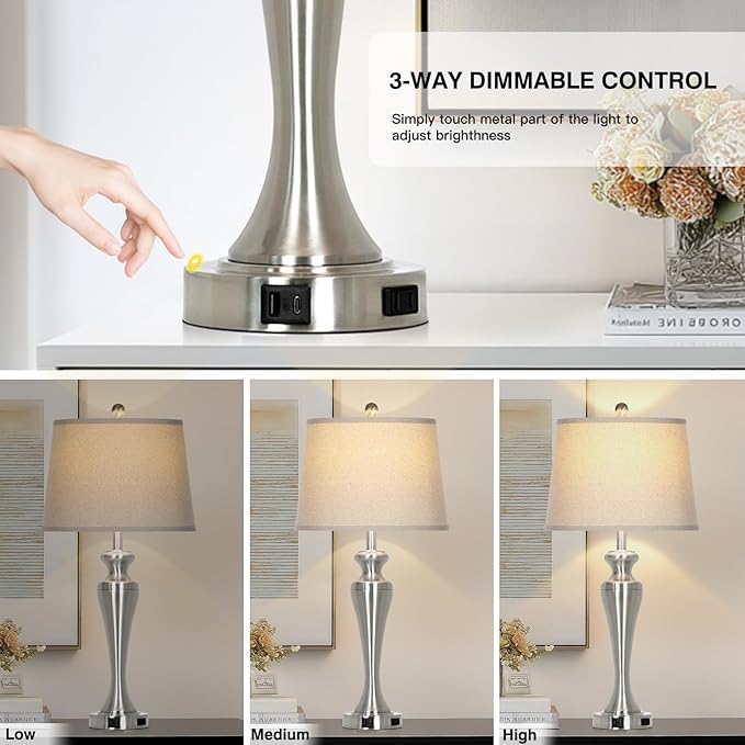 30" Silver Table Lamps Set of 2, 3-Way Dimmable Touch Living Room Lamp with USB A+C Ports and AC Outlet, Modern Brushed Nickel Bedroom Lamps, Tall Metal Bedside Lamp for Nightstand Side Table - Bloomnest