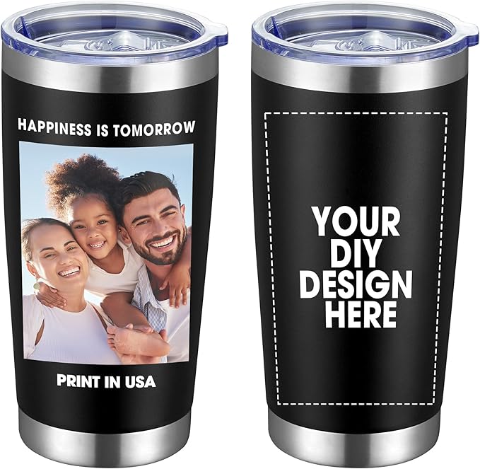 Personalized Custom Tumbler Print in USA 20oz Stainless Steel Coffee Cup with Lid & Straw Double Wall Insulated Tumbler with Colorful Text Logo Photo - Bloomnest