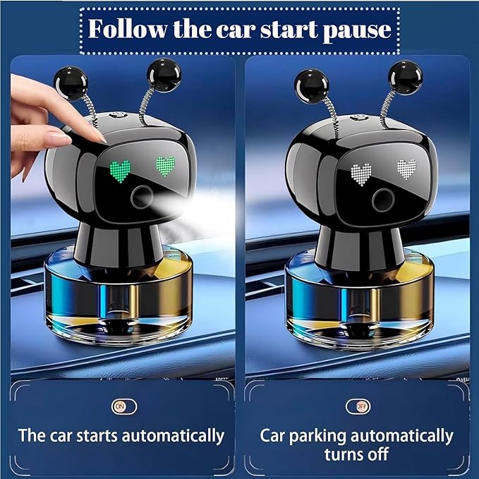 Robot Intelligent Aromatherapy Machine, Smart Cute Robot Car Air Freshener - Fine Spray/Fillable/Four-Gear Adjustment/Vibration Sensing/On-Off/Large Capacity Long-Lasting Fragrance/Black-V2(Cologne) - Bloomnest