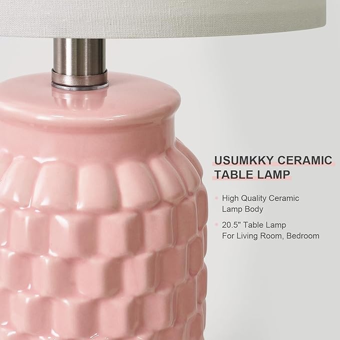 20.5" Pink Table Lamps Set of 2,Modern Farmhouse Bedside Lamps - Ceramic Nightstand Lamps for Bedroom,Boho Living Room End Tables,Small Office Desk Lamp - Bloomnest