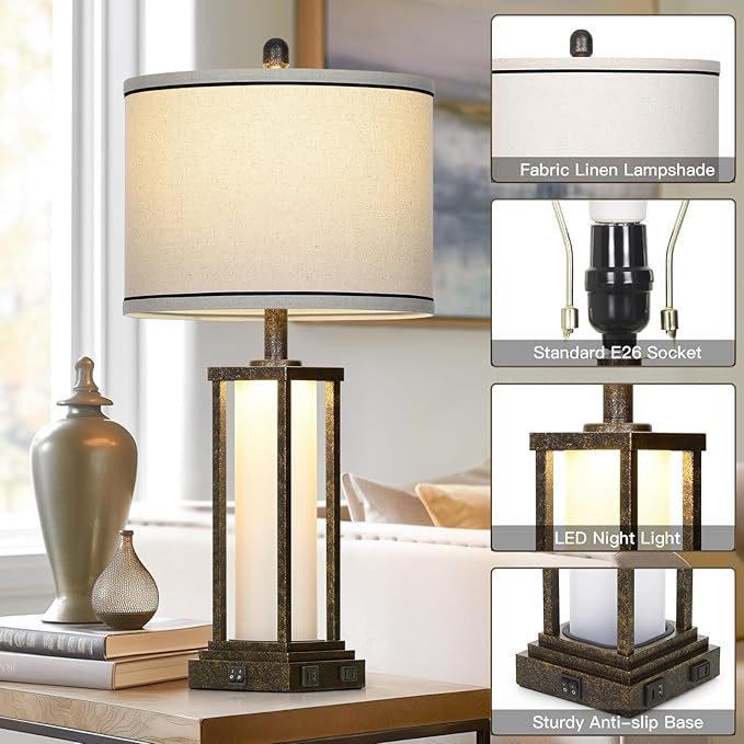 27" Tall Vintage Table Lamp with USB C+A & Outlet,Bronze Industrial End Table Lamp for Living Room,Farmhouse Rustic Bedside Lamp with Frosted Glass Night Light for Bedroom Nightstand,Bronze-1P - Bloomnest
