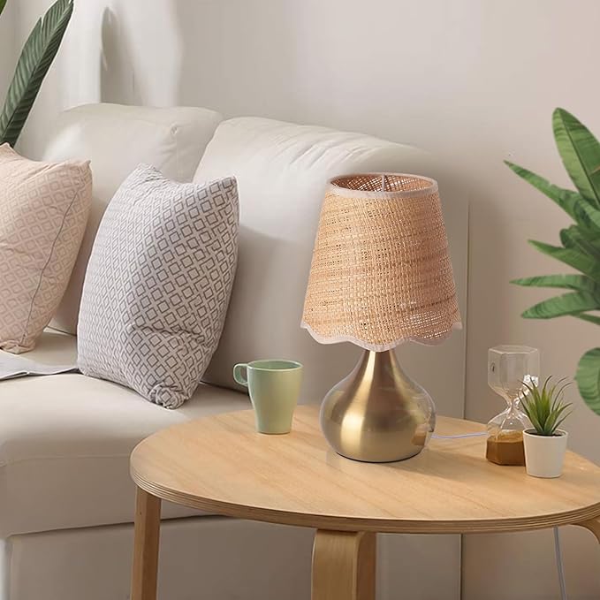 Gold Small Bedside Table Lamp for Bedroom, Brass Gold Mini Table Lamps for Nightstand, Rattan Shade Table Lamps for Small Spaces for Kitchen Counter, Bookshelf, Bedroom, Living Room, Kids Dorm - Bloomnest