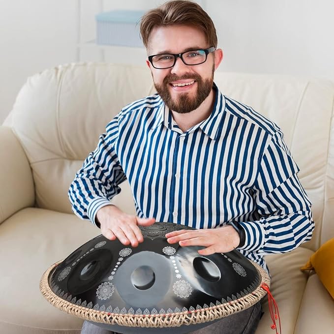 432HZ Handpan Set-Premium 22 Inches 9 Sounds D Minor Steel Hand Pan,Handpan Drum Instrument for Adults,Print Black - Bloomnest