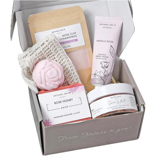 Natural Amor Spa Gifts for Women,Luxurious Rose Scent Bath gift for her, 6pc Bath & Body gift including Soap Bar, Bath Bomb, Bath Salt