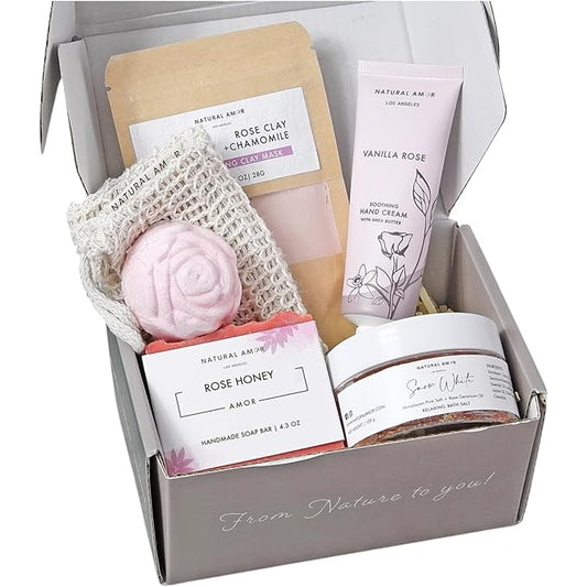 Natural Amor Spa Gifts for Women,Luxurious Rose Scent Bath gift for her, 6pc Bath & Body gift including Soap Bar, Bath Bomb, Bath Salt - Bloomnest