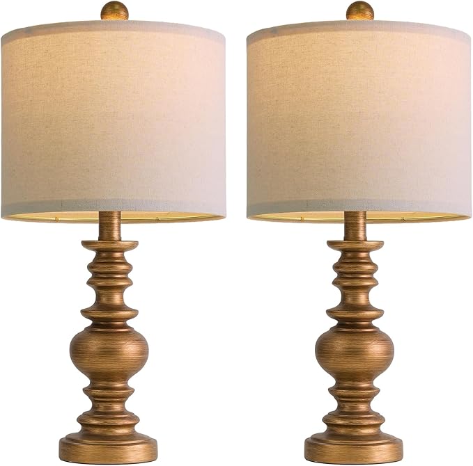 BOBOMOMO 20" Antique Gold Table Lamps Set of 2 – Handcrafted Vintage Bedside Lamps with Linen Shades, Elegant Farmhouse Lamps for Bedroom, Living Room, or Entryway – Perfect for Compact Spaces - Bloomnest