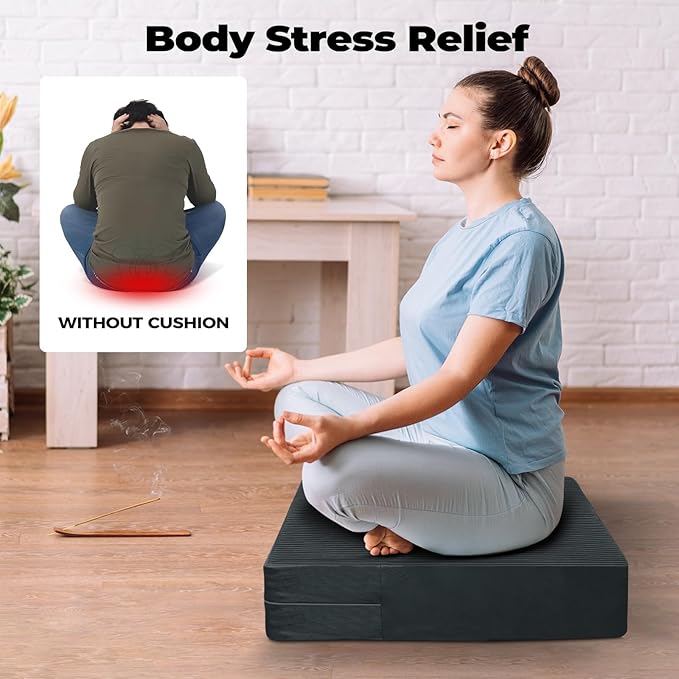 Large Floor Pillows for Adults, Thick Meditation Floor Cushions for Sitting Yoga, 22x22x5 Foam Seat Cushions Set of 2 for Furniture, Floor Pillow with Pleated Velvet Removable Cover, Grey