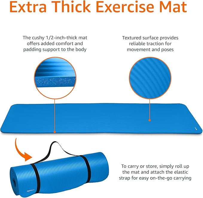 Amazon Basics 1/2 Inch Extra Thick Exercise Yoga Mat with Carrying Strap, Cushioned Support, for Fitness and Gym Workouts