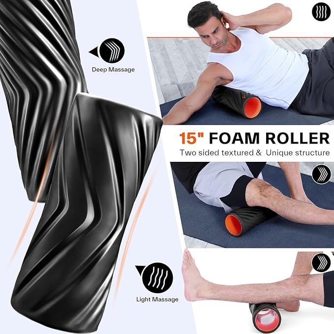 Sportneer 4 in 1 Foam Roller Set: Dual Textures Foam Roller, Foot Roller, Lacrosse Ball, Traction Massage Ball with String, Deep Massage Roller for Whole Body Release, Physical Therapy