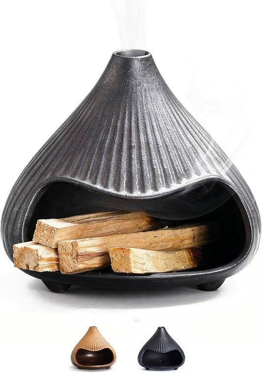 Retro Ceramic Palo Santo Holder, Sage Smudge Burner, Mini Fireplace Mount Fuji Chimney Incense Ash Catcher, Boho Zen Meditation Home Decor Gift (Matte Black) Bloomnest