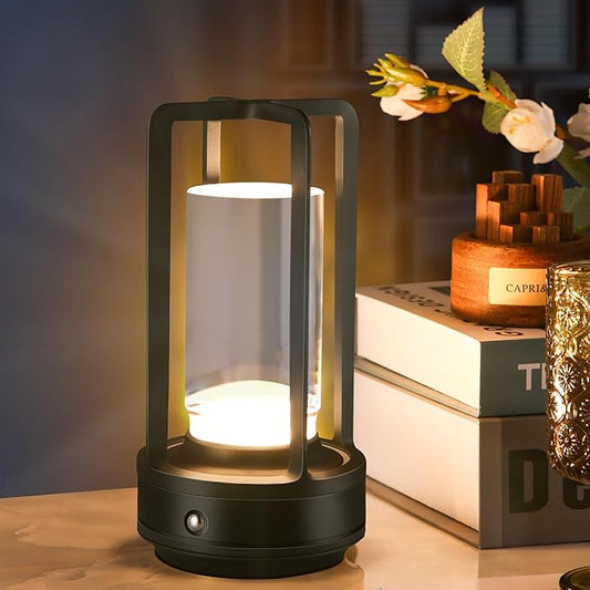 Portable Metal Table Lamp,Cordless Table Lamp, Rechargeable Battery Operated Lights, LED Table Lamps, 3 Color Stepless Dimming Touch, for Bedroom Restaurant Home Outdoor (Black) - Bloomnest