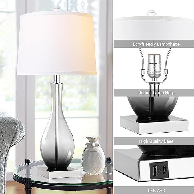 Table Lamps Set of 2 with Touch Control, 3-Way Dimmable Modern Glass table lamp for Living Room with USB C and A Charging Ports， 27" Bedside Desk Lamps for Nightstand Decorations(LED Bulbs Included) - Bloomnest