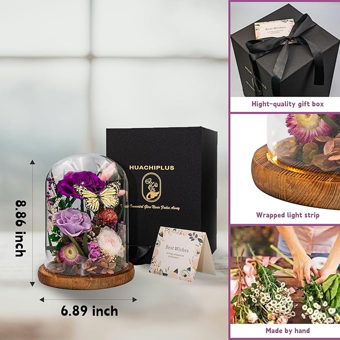 Eternal Flower with Butterfly: Big Flowers Big Love-Elegant Flower in Glass Dome-Thanksgiving, Christmas, Mom Gifts for Her-Flowers for Delivery Prime-Floral Arrangements(Purple) - Bloomnest
