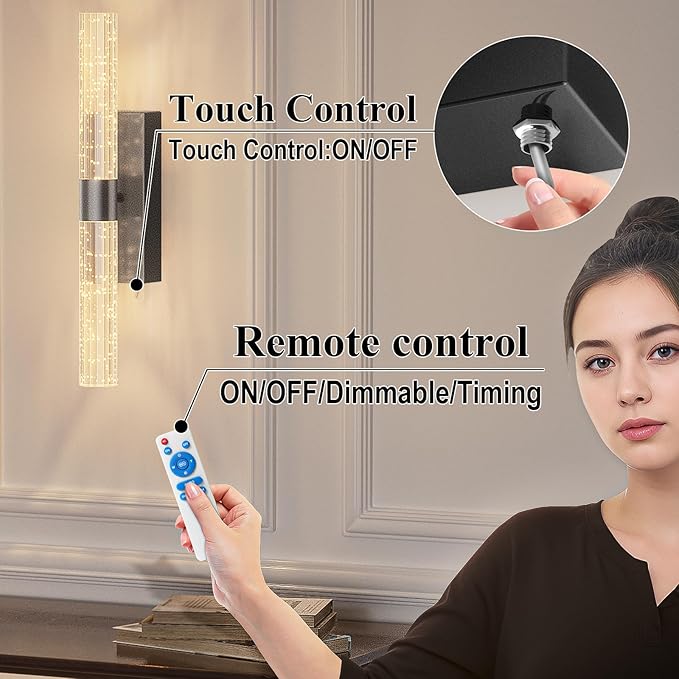 camuucci Battery Operated Black Wall Sconces Set of 2 Rechargeable Battery Powered Wall Light with 12000mAh Indoor Not Hardwired Dimmable Wall Lamp Fixtures for Bedroom Living Room 20.9 Inches - Bloomnest