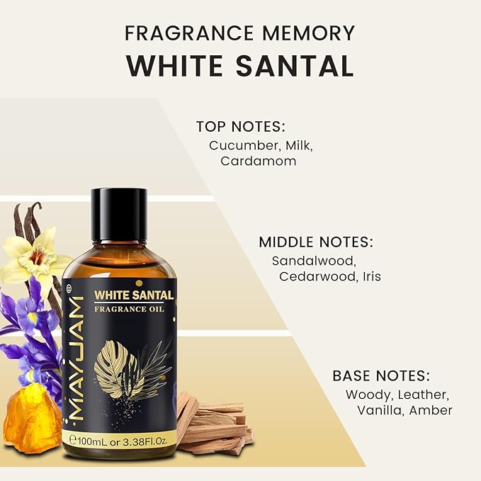 White Santal Fragrance Oil Essential Oil, MAYJAM 3.38FL.OZ White Santal Oil for Diffusers for Home, Long Lasting Scented Oils for Soap Candle Making - 100ML MAYJAM
