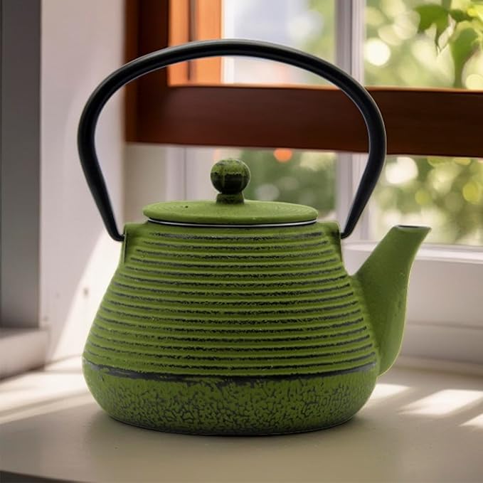 20.3oz Small Cast Iron Teapot, SECHUDO Cast Iron Tea Kettle for Stovetop Safe Coated with Enameled Interior, Iron Tea Pot with Stainless Steel Infuser for Loose Tea (Green Pinstripe Pattern) - Bloomnest