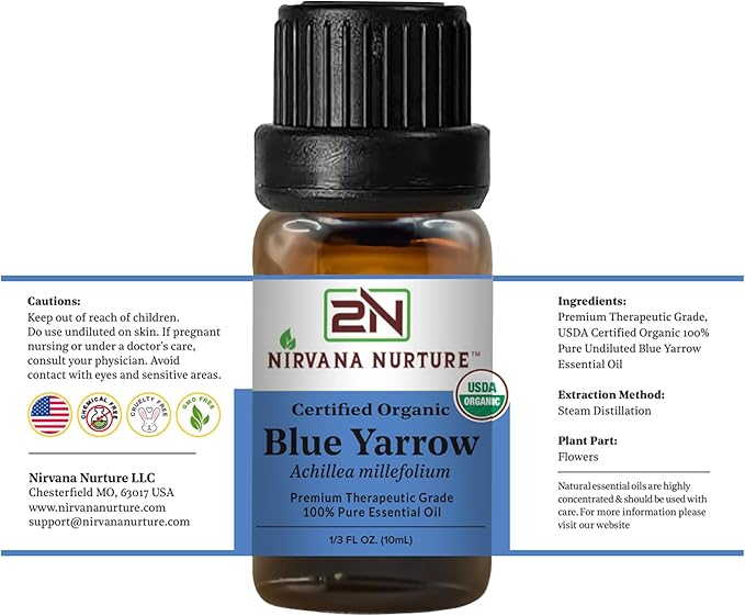 Blue Yarrow Essential Oil, USDA Certified Organic, 100% Pure Undiluted, Aromatherapy Oil for Diffuser, Hair & Skin Care NirvanaNurture