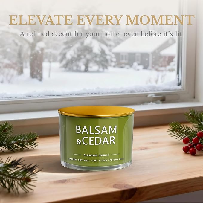 Balsam Cedar Candle, Large 3 Wick 12oz Soy Scented Candle, Luxury Christmas Birthday & Holiday Gift for Women & Men, Long Lasting 60+ Hour Clean Non-Toxic Burn, Elegant Winter Home Decor - Bloomnest