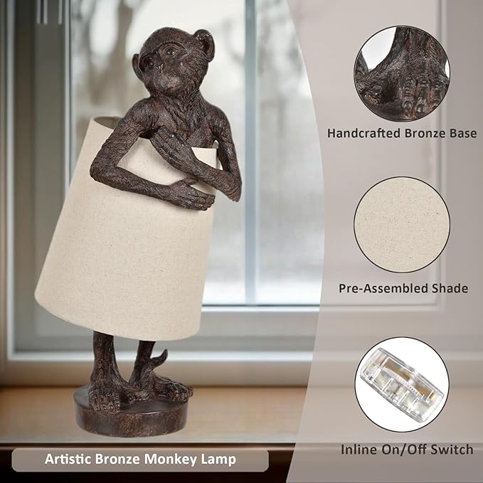 Crestview Collection Monkey Table Lamp – Bronze Resin Animal Lamp, Retro Rustic Art Deco Farmhouse Desk Lamp with Linen Shade for Bedroom, Living Room, Bedside, Nightstand or Small Space - Bloomnest