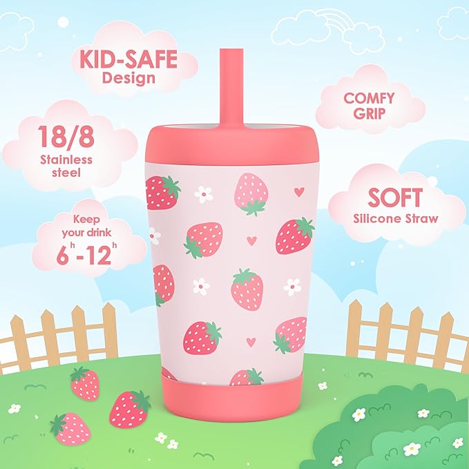 Kid Insulated Stainless Steel Tumbler with Silicone Straw, 12oz Sippy Cup for Kids (Strawberry) - Bloomnest