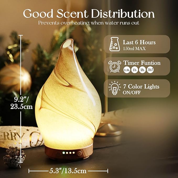 Porseme 150ml Essential Oil Diffuser Glass Color Changing Aroma Air Diffusers Aromatherapy Ultrasonic Cool Mist Humidifier 6 Running Hours Waterless Auto-Off for Sleeping, Yoga, Office, Spa (Desert) - Bloomnest