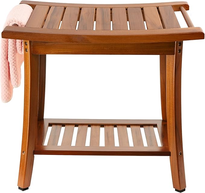 Utoplike Teak Shower Bench Seat with Handles, Portable Wooden Spa Bathing Stool with Storage Towel Shelf, 22" x 13" x 18.6", Perfect for Indoor and Outdoor Use - Bloomnest