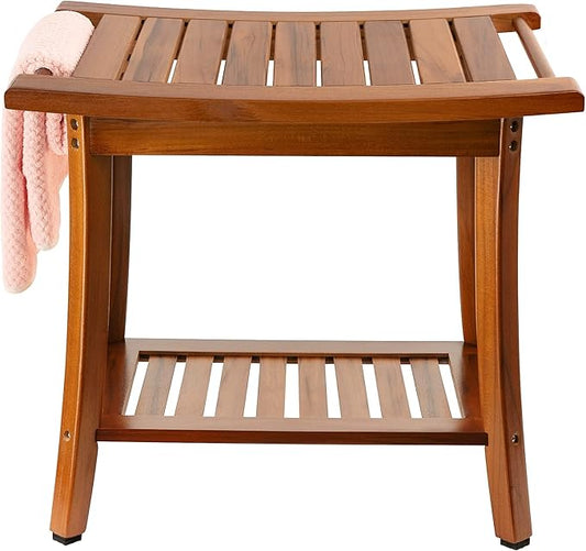 Utoplike Teak Shower Bench Seat with Handles, Portable Wooden Spa Bathing Stool with Storage Towel Shelf, 22" x 13" x 18.6", Perfect for Indoor and Outdoor Use - Bloomnest