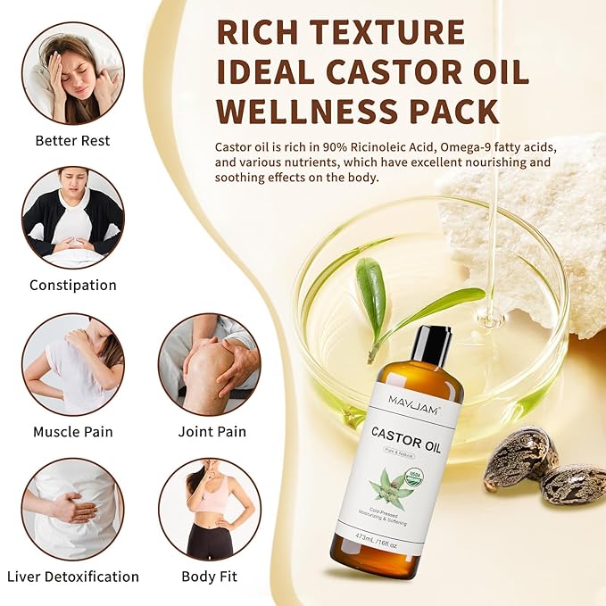 MAYJAM Organic Castor Oil 16 oz, 100% Pure Cold Pressed Castor Oils for Hair Growth, Eyebrows, Eyelash, USDA Certified Caster Carrier Oil for Body, Skin & Face Moisturizer - Bloomnest