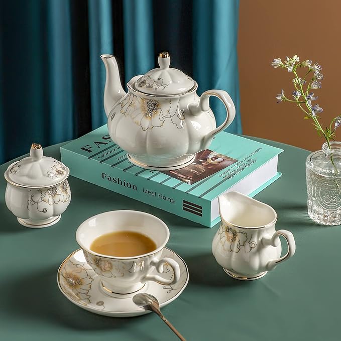 CHENP.HMC Tea Set 22-Piece Porcelain Ceramic Coffee Tea Gift Sets Cups Saucer Service for 6 Teapot Sugar Bowl Creamer Pitcher and Teaspoons (Chrysanthemum) - Bloomnest