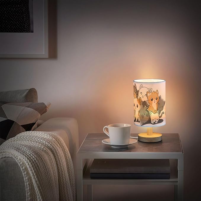 Table Lamp Cute Cartoon Cat Kitten Kitty Nightstand Lamp with Wood Base Fabric Lamp Shade Bedside Desk Lamp for Living Room Bedroom Kids Room Office - Bloomnest