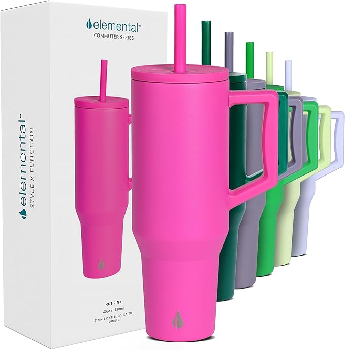 Elemental 40 oz Tumbler with Handle and Straw - Spill Proof Insulated Stainless Steel Commuter for Hot and Cold Beverages - Travel Coffee Mug with 2 Straws & Spill Proof Lid - 40oz - Hot Pink - Bloomnest