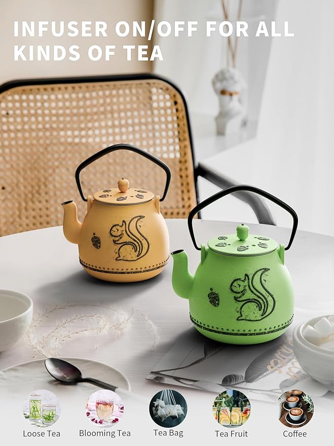 Toptier Teapot with Removable Infuser, Cast Iron Tea Kettle Stovetop Safe, Squirrel Design Tea Pot Coated with Enameled Interior for 32 Ounce (950 ml), Orange - Bloomnest
