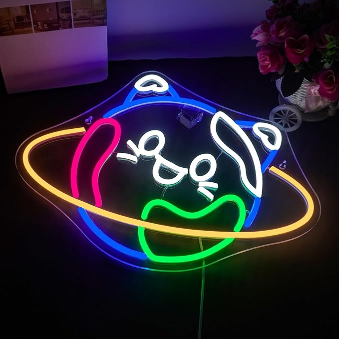 Lucunstar Planet Cat Neon Sign Cute Neon Light Signs for Wall Decor Cat LED Lights USB Connectivity Adjustable Brightness Earth Decor for Home Wall Bedroom Pet Shop Gifts for Geography Lover - Bloomnest