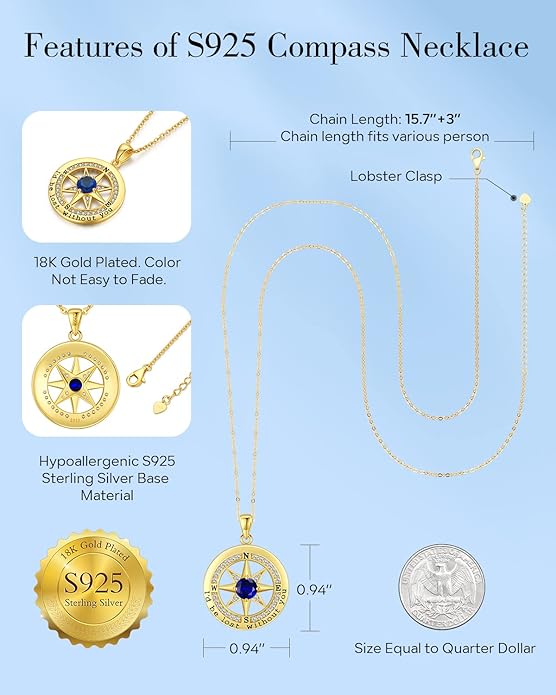 S925 Necklace Gift for Wife |Compass Jewelry |Women Anniversary |Sterling Silver |Girlfriend Birthday Gifts for Her Valentines |I'd be Lost without You |Jewel 18K Gold - Bloomnest