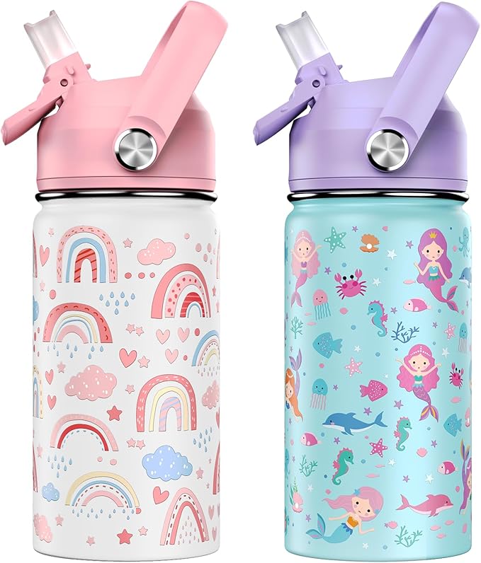 14oz Kids Insulated Water Bottle with Straw Lid - 18/8 Stainless Steel Kid Cup Travel Tumbler Double Wall Vacuum Leak Proof Portable Toddler Water Bottle (Rainbow + Mermaid) - Bloomnest