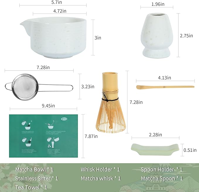 Matcha Bowl Set, Matcha Whisk and Holder, Stainless Sifter & Bamboo Scoop, Towel, 7 PCS Matcha Starter Kit for Matcha Lovers, White - Bloomnest