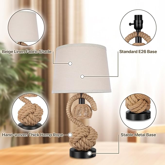 22" Rope Lamps for Night Stands, Dual-Lights Bedside Lamps Set of 2, Boho Table Lamps for Living Room, 3-Color Temperatures Boho Lamp with Rotary Switch, Rattan Lamp with USB Ports, 4 Bulbs Included - Bloomnest